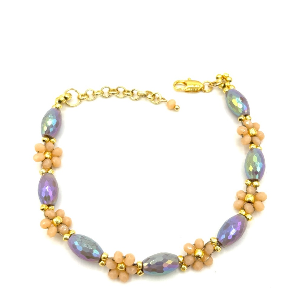 Hand Crafted Pink Floral and Purple Bracelet
